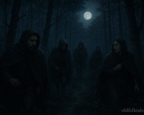 People traveling at night through a forest guided along a hidden path