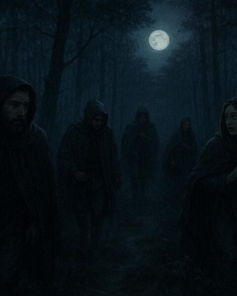 People traveling at night through a forest guided along a hidden path