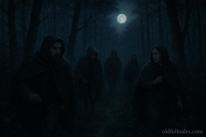 People traveling at night through a forest guided along a hidden path