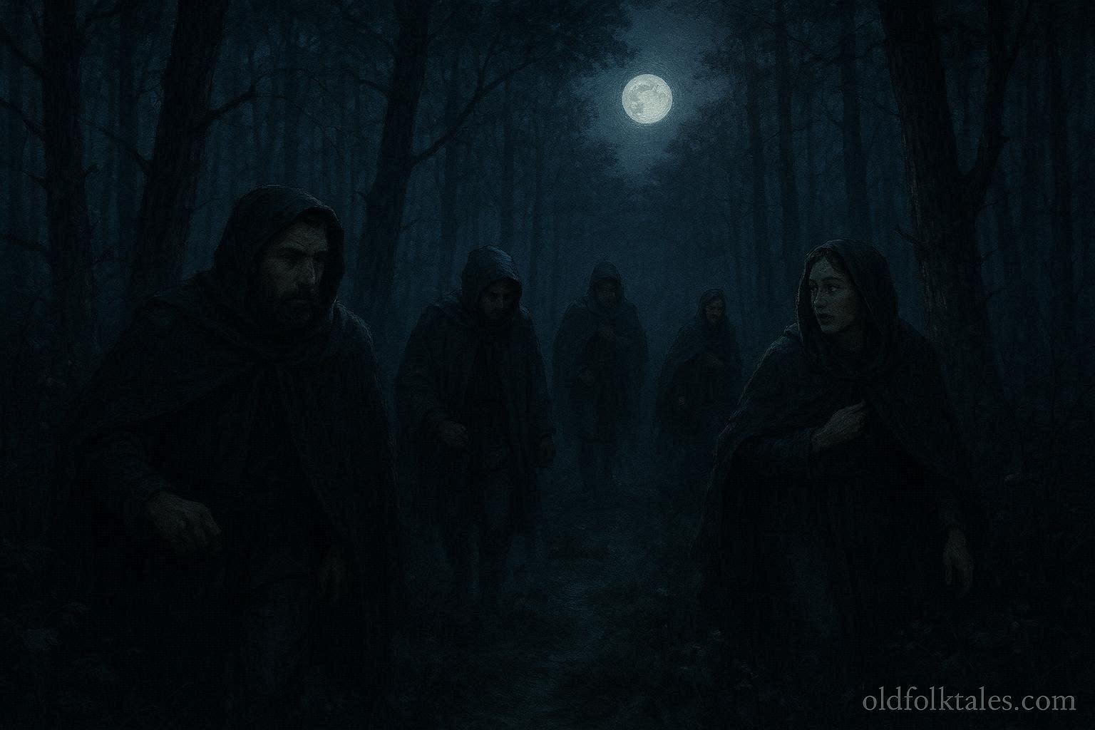 People traveling at night through a forest guided along a hidden path