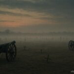 A quiet battlefield at dusk with faint shadowy figures in the distance