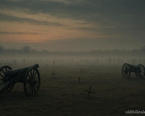 A quiet battlefield at dusk with faint shadowy figures in the distance