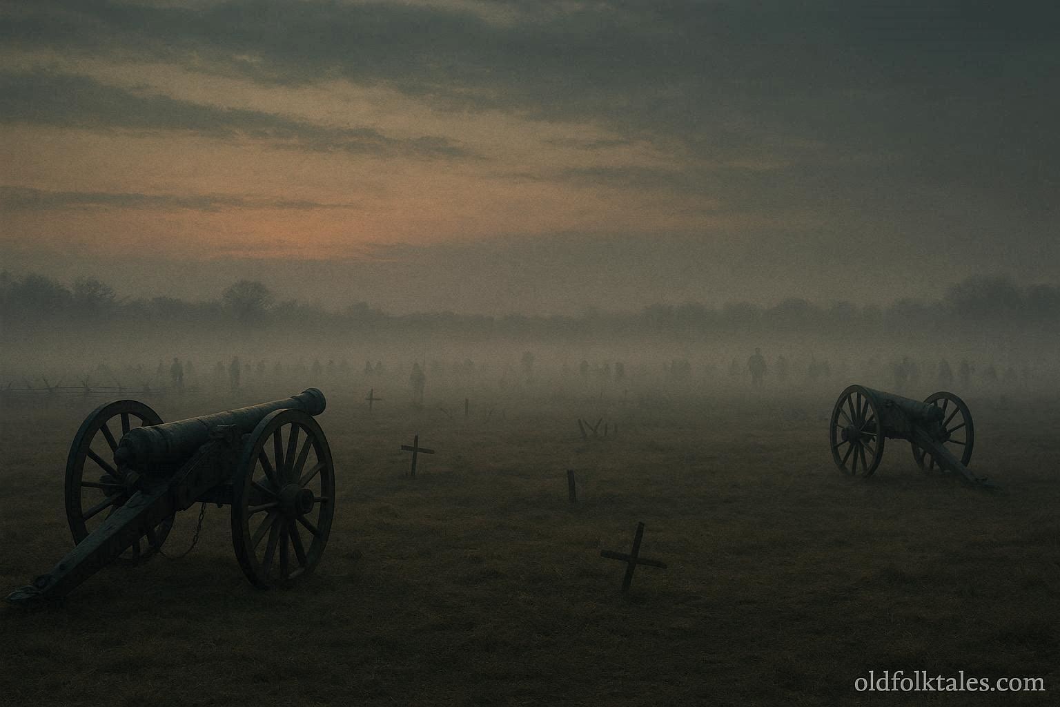 A quiet battlefield at dusk with faint shadowy figures in the distance