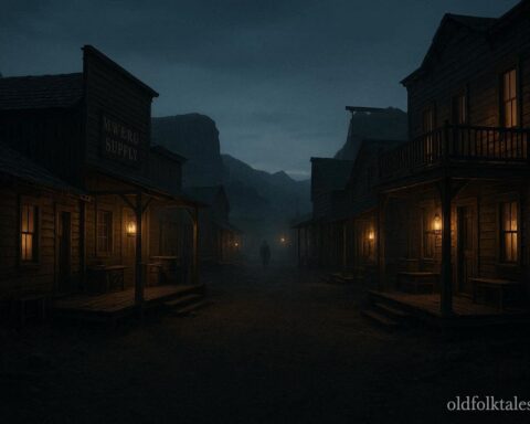 A quiet old western street with a faint shadow figure in the distance