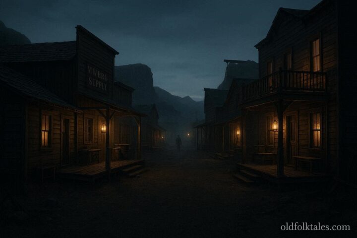 A quiet old western street with a faint shadow figure in the distance