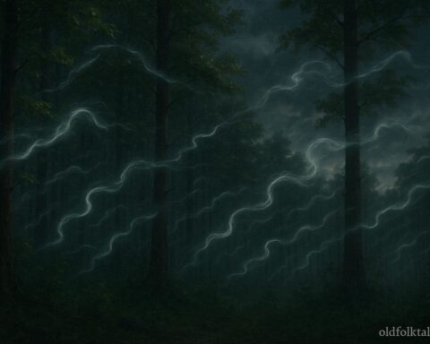Wind moving through forest trees with faint whisper-like shapes representing hidden voices
