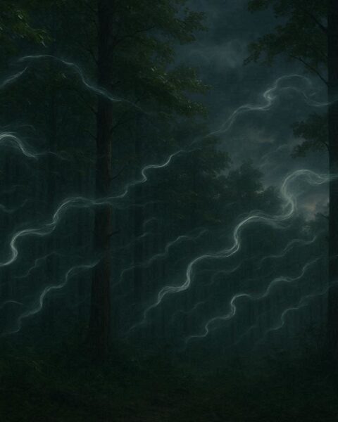 Wind moving through forest trees with faint whisper-like shapes representing hidden voices