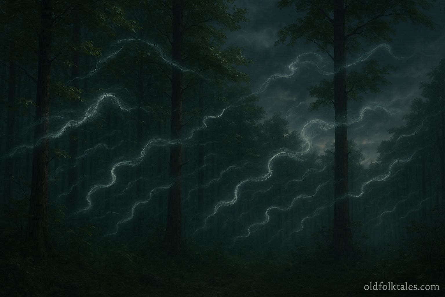 Wind moving through forest trees with faint whisper-like shapes representing hidden voices