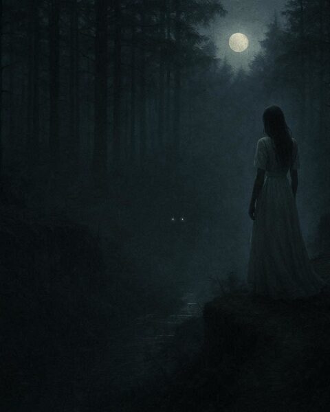 Shadowy figure of a woman in white standing on a foggy ridge above a Pennsylvania ravine at twilight, representing the Wailing Woman ghost legend.