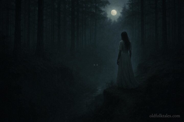 Shadowy figure of a woman in white standing on a foggy ridge above a Pennsylvania ravine at twilight, representing the Wailing Woman ghost legend.