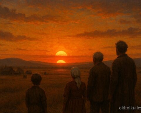 Sun setting twice over a frontier town while villagers watch in amazement