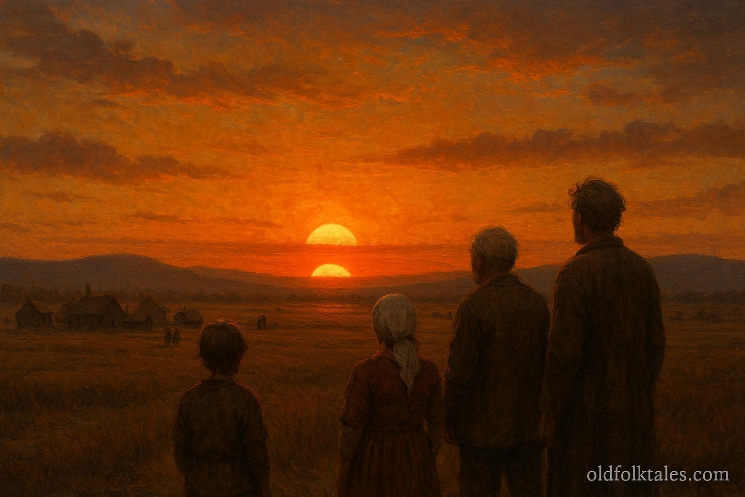 Sun setting twice over a frontier town while villagers watch in amazement