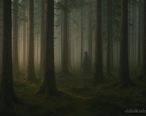 A shadowy figure standing quietly among tall pine trees in a forest