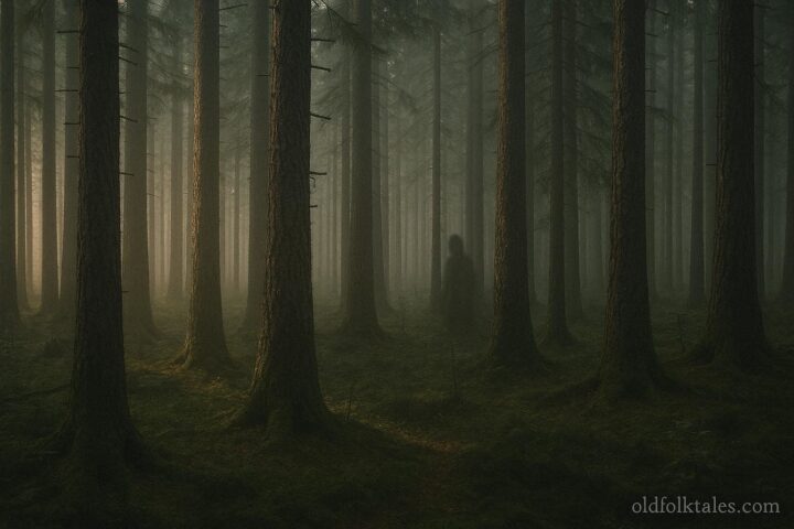 A shadowy figure standing quietly among tall pine trees in a forest