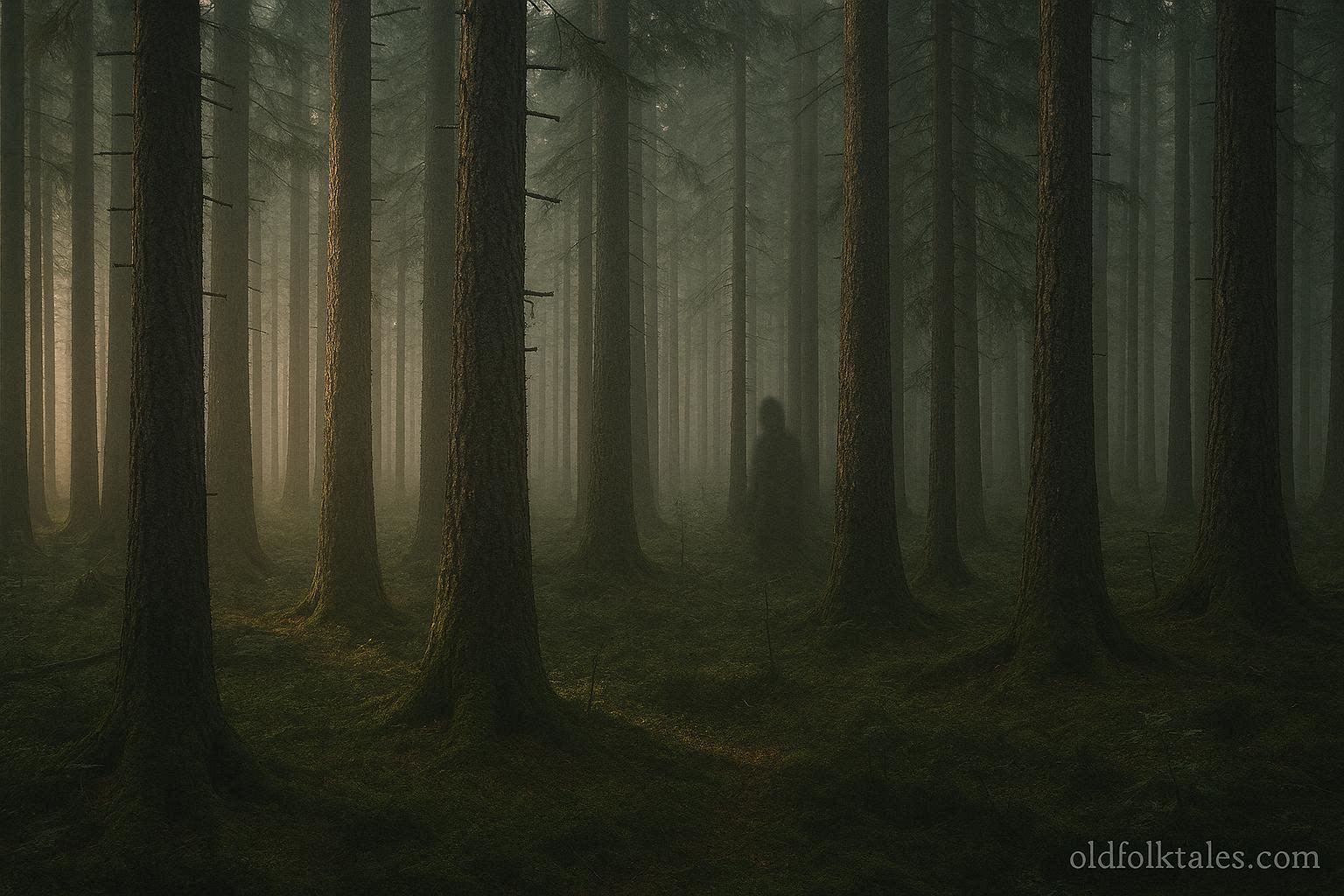 A shadowy figure standing quietly among tall pine trees in a forest