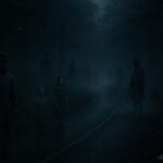 Foggy Missouri road with shadowy figures and glowing eyes, representing the Zombie Road ghost legend.