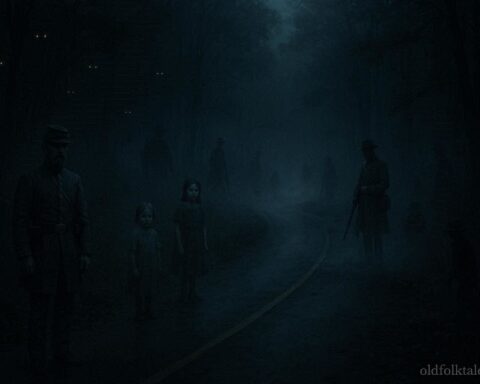 Foggy Missouri road with shadowy figures and glowing eyes, representing the Zombie Road ghost legend.