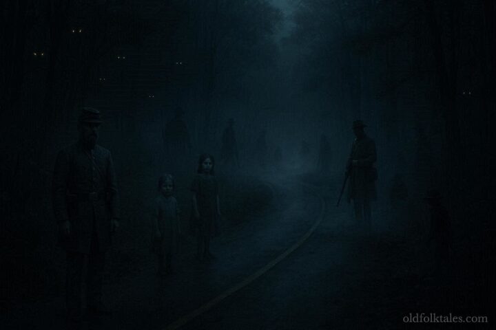 Foggy Missouri road with shadowy figures and glowing eyes, representing the Zombie Road ghost legend.