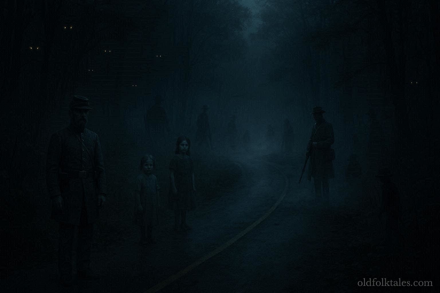 Foggy Missouri road with shadowy figures and glowing eyes, representing the Zombie Road ghost legend.