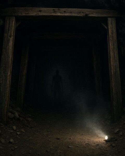 Dark abandoned tunnel in Colorado with a faint humanoid shadowy figure inside