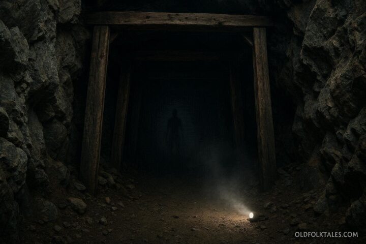 Dark abandoned tunnel in Colorado with a faint humanoid shadowy figure inside
