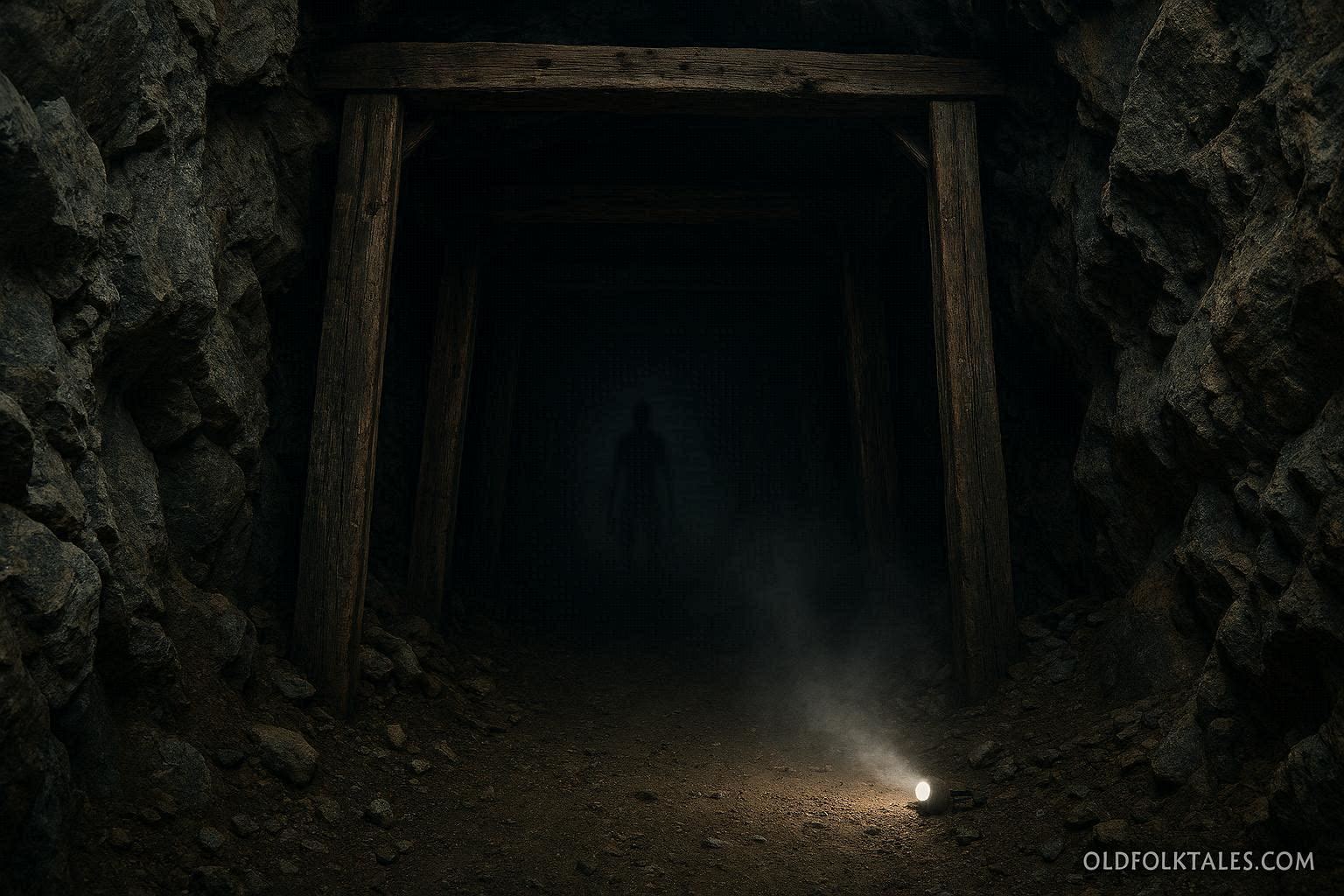 Dark abandoned tunnel in Colorado with a faint humanoid shadowy figure inside