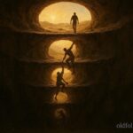 Human figures emerging upward through layered worlds into a bright open landscape