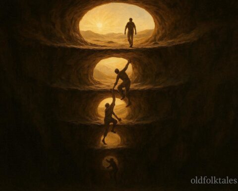 Human figures emerging upward through layered worlds into a bright open landscape