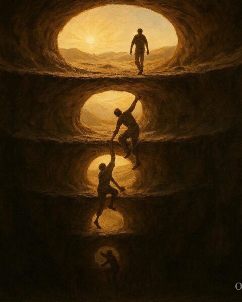Human figures emerging upward through layered worlds into a bright open landscape