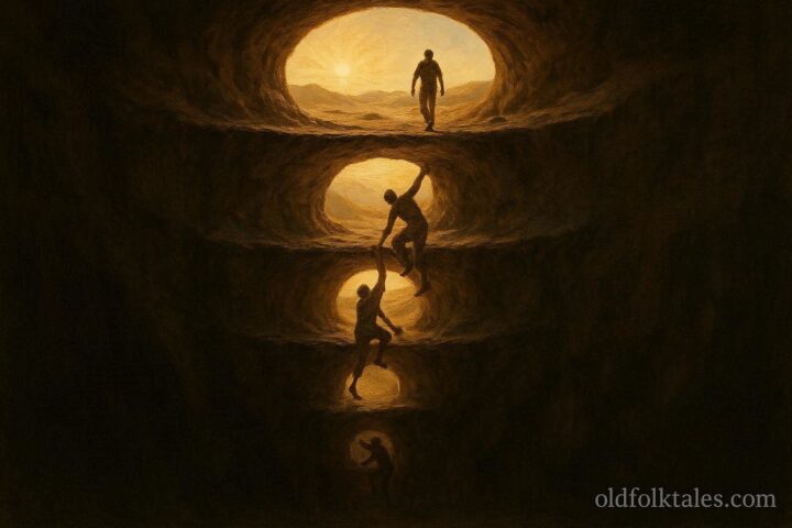 Human figures emerging upward through layered worlds into a bright open landscape