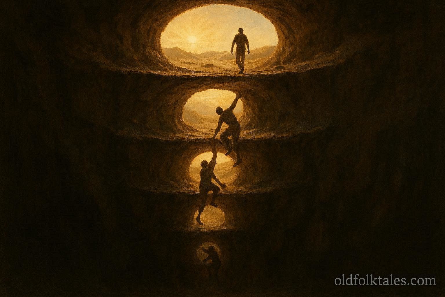 Human figures emerging upward through layered worlds into a bright open landscape