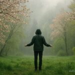 Person standing in gentle spring rain surrounded by fresh green landscape