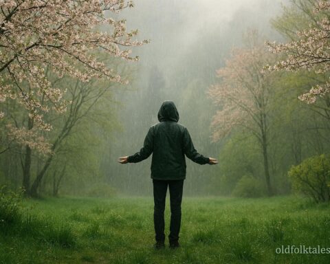 Person standing in gentle spring rain surrounded by fresh green landscape