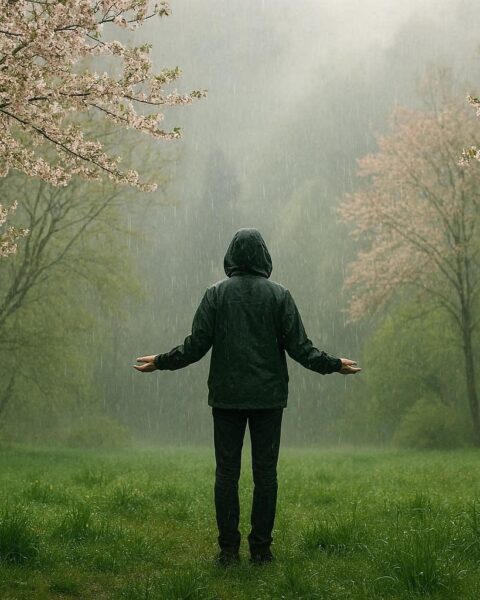 Person standing in gentle spring rain surrounded by fresh green landscape