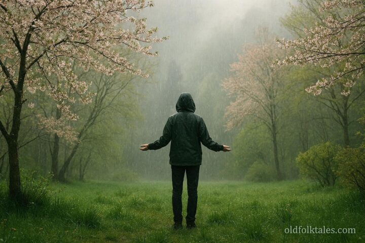 Person standing in gentle spring rain surrounded by fresh green landscape