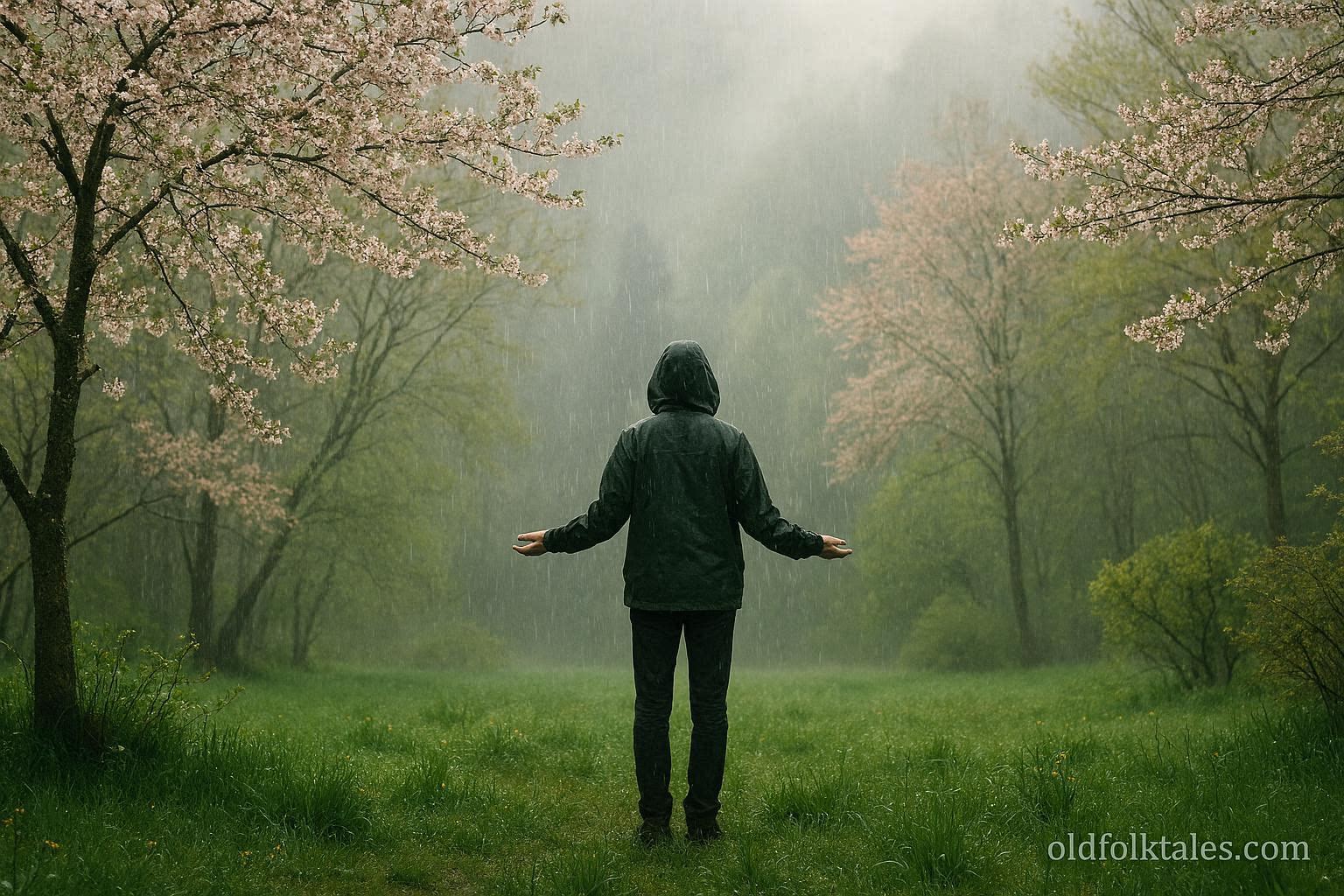 Person standing in gentle spring rain surrounded by fresh green landscape