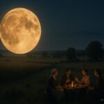 People gathered under a bright harvest moon in a rural field sharing food
