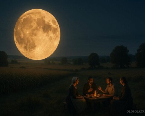 People gathered under a bright harvest moon in a rural field sharing food