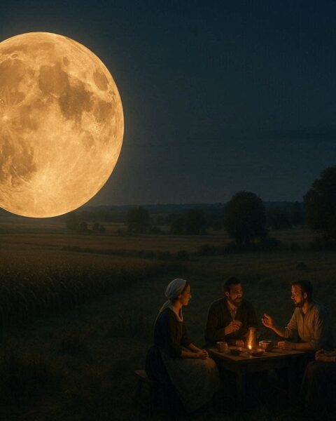 People gathered under a bright harvest moon in a rural field sharing food
