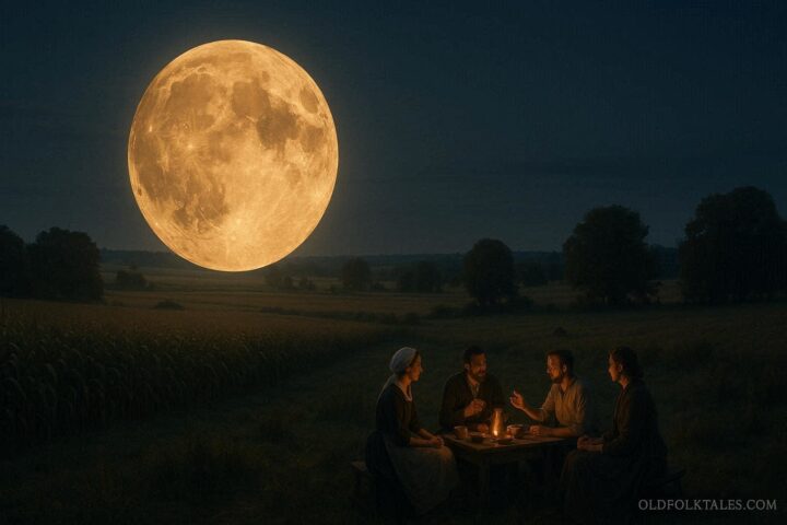 People gathered under a bright harvest moon in a rural field sharing food