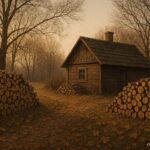 Neatly stacked firewood outside a rural home in late autumn
