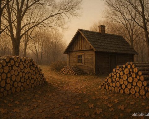 Neatly stacked firewood outside a rural home in late autumn