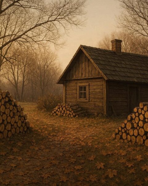 Neatly stacked firewood outside a rural home in late autumn