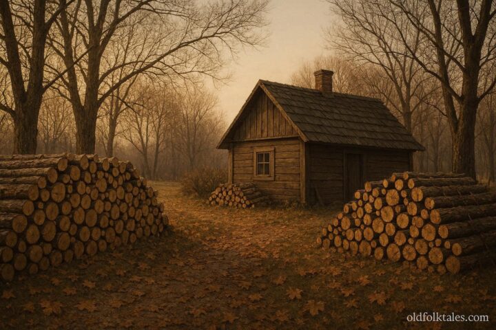 Neatly stacked firewood outside a rural home in late autumn