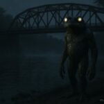 Frog like humanoid creature standing near a riverbank under a bridge at night