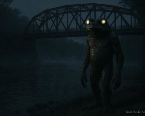 Frog like humanoid creature standing near a riverbank under a bridge at night