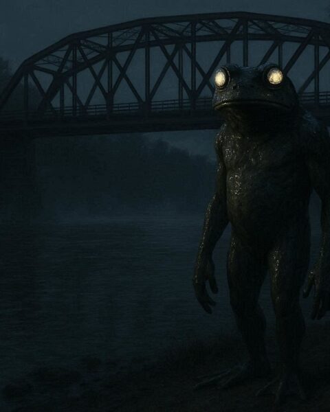 Frog like humanoid creature standing near a riverbank under a bridge at night