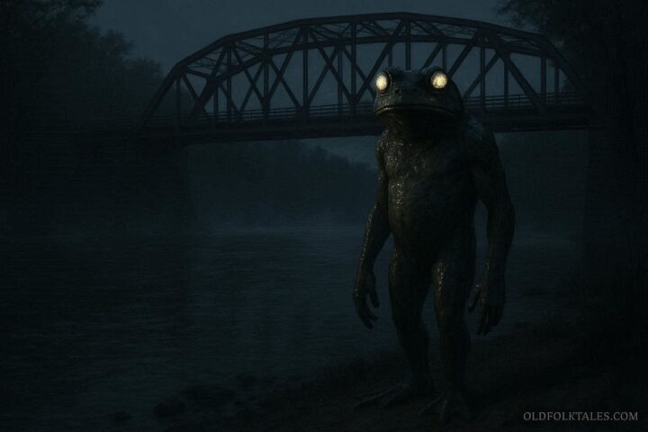 Frog like humanoid creature standing near a riverbank under a bridge at night