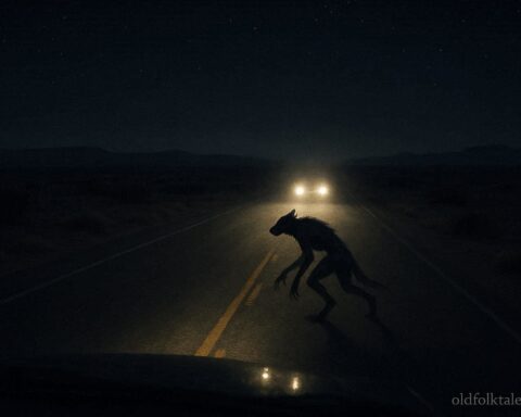 Shadowy shape shifting figure crossing a dark New Mexico highway at night in headlights