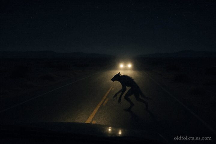 Shadowy shape shifting figure crossing a dark New Mexico highway at night in headlights